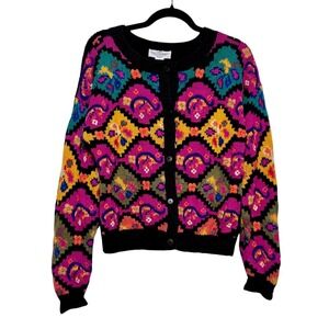 Vintage‎ 90s Cottagecore Floral Intarsia Cardigan Sweater Small Maximalist Artsy